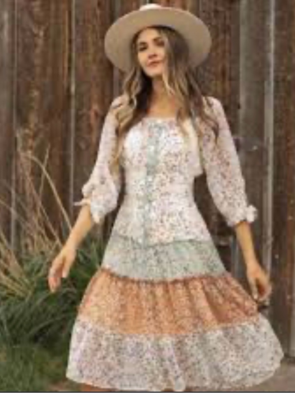 fig and flower Tiered Patchwork Midi Dress Size XL Cottagecore Prairie Smocked